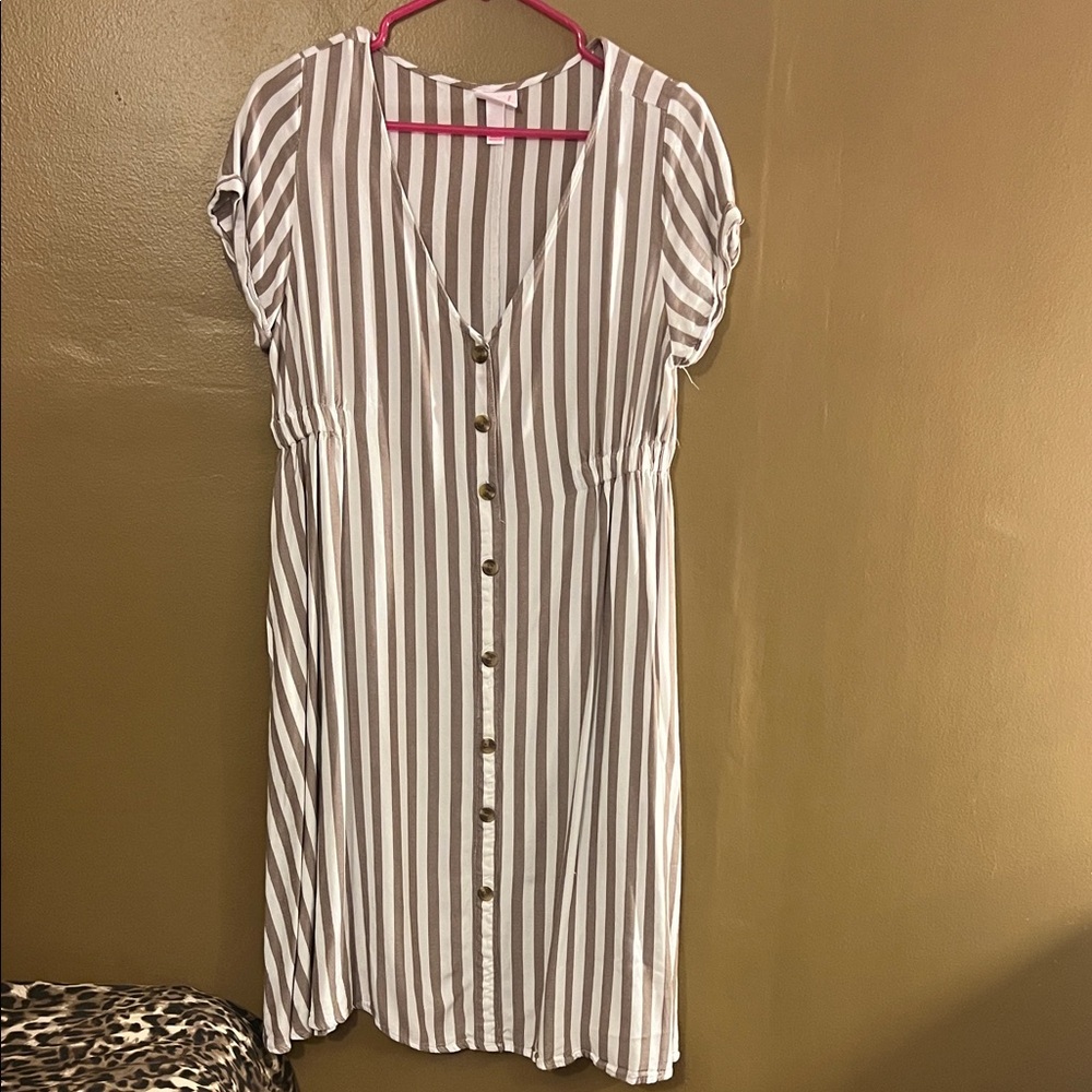 Striped V-Neck Button-Down Dress
